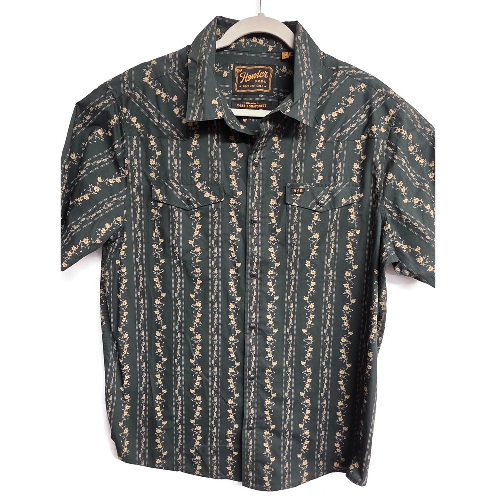 Howler Bros H Bar B Snapshirt Mens Large Antique Black Green Hibiscus Ribbons